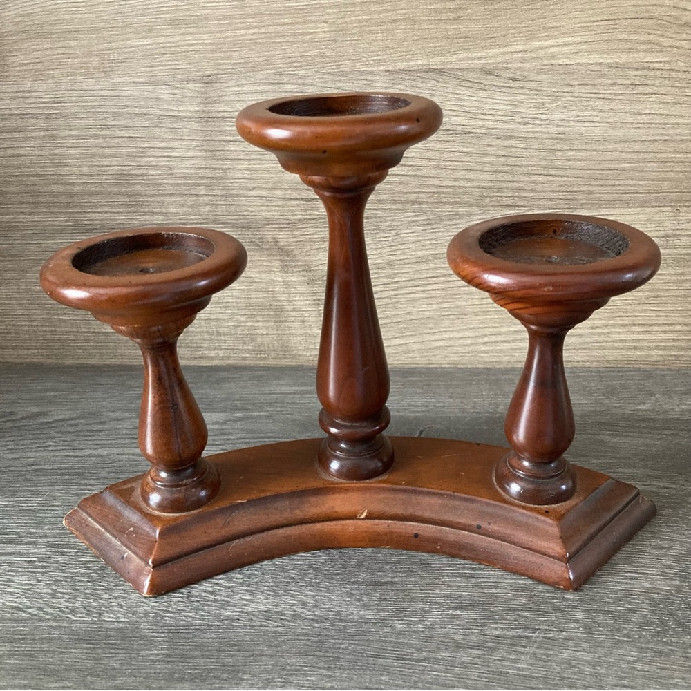 Vintage MCM Curved Base Wooden 3 Candle Tiered Votive Candelabra Centerpiece.